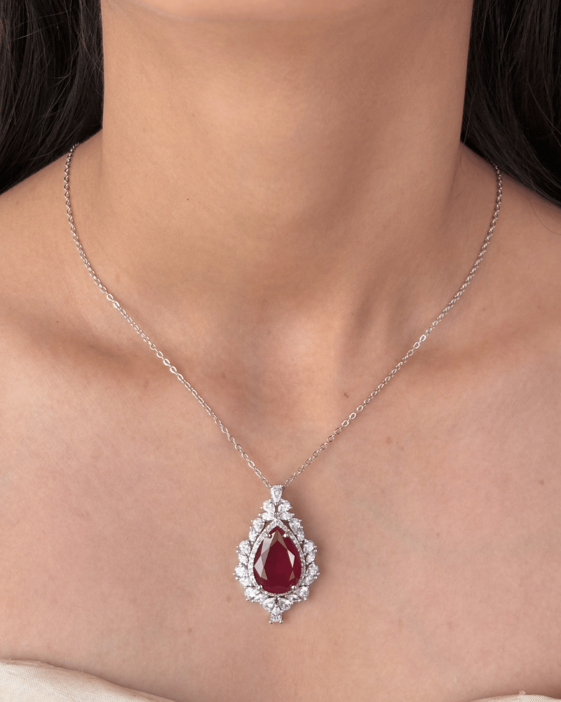 Grace Ruby Crystal Pendant Set | With Chain | Rhodium Plating