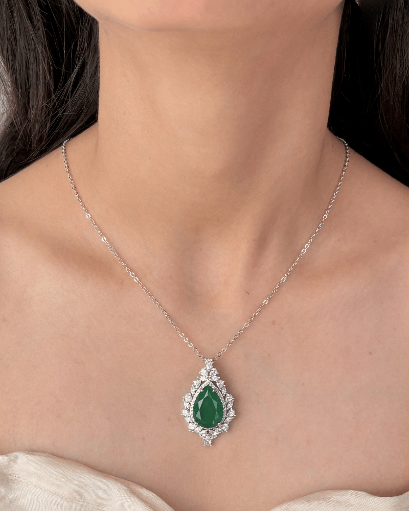 Grace Emerald Crystal Pendant Set | With Chain | Rhodium Plating