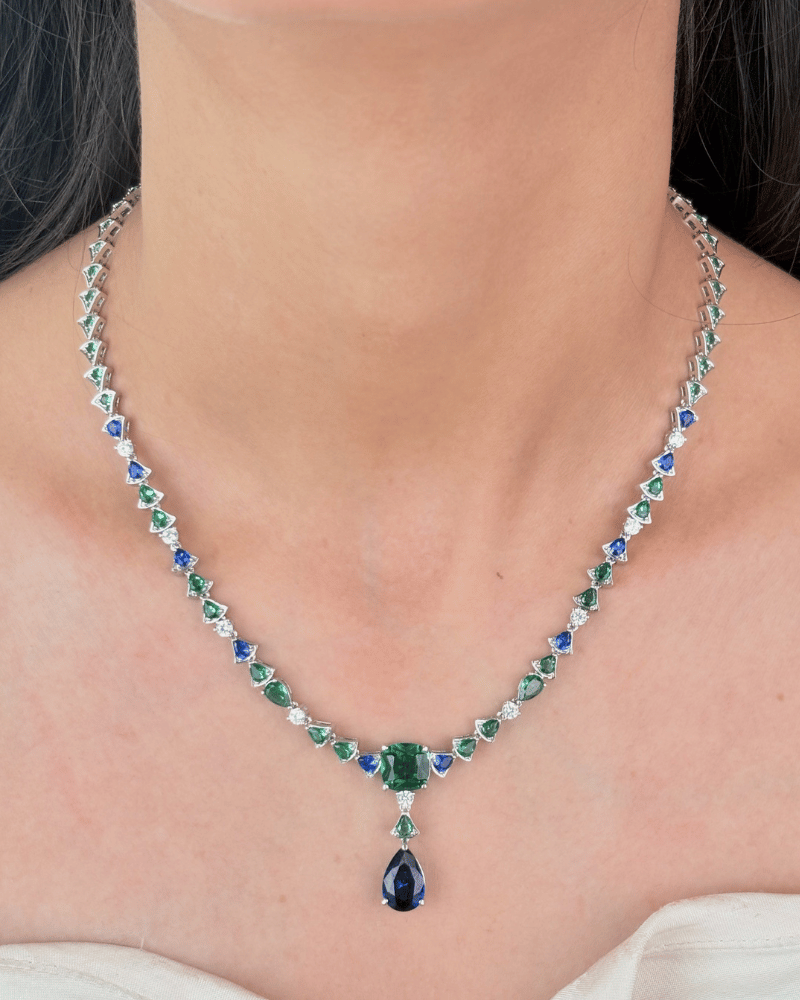 Emerald Eclipse With Sapphire Drop Diamond Necklace | Rhodium Plating