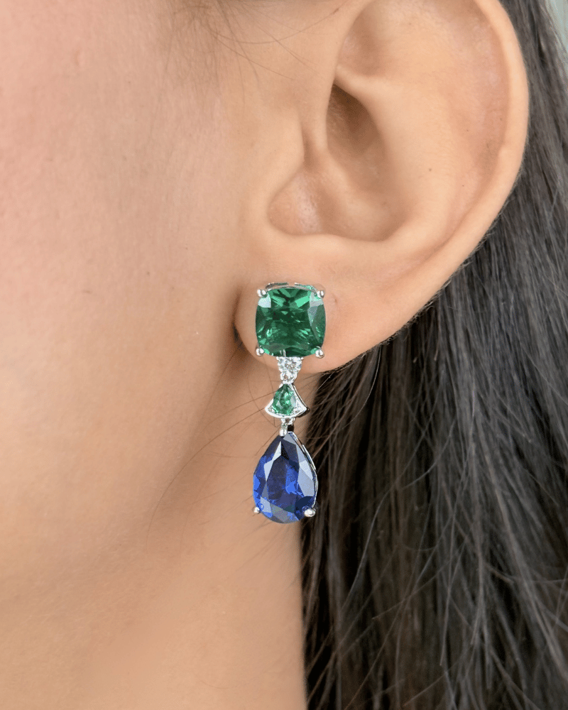 Emerald Eclipse With Sapphire Drop Diamond Necklace | Rhodium Plating
