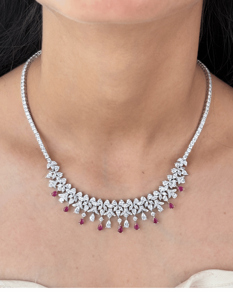 Ruby Jardin Diamond Necklace | Rhodium Plating