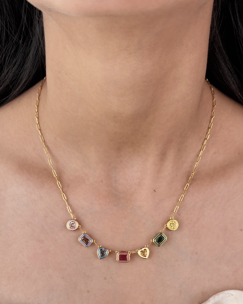 Multi Color Charm Society Diamond Necklace | Rhodium Plating