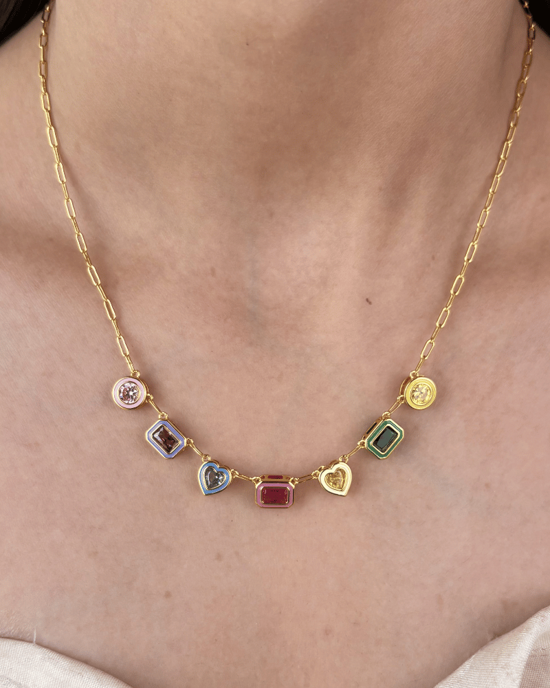 Multi Color Charm Society Diamond Necklace | Rhodium Plating