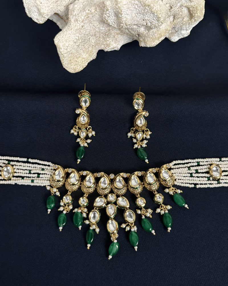 Rajvanshi Emerald Drop Kundan Choker | Mint Work | White Moti Strings