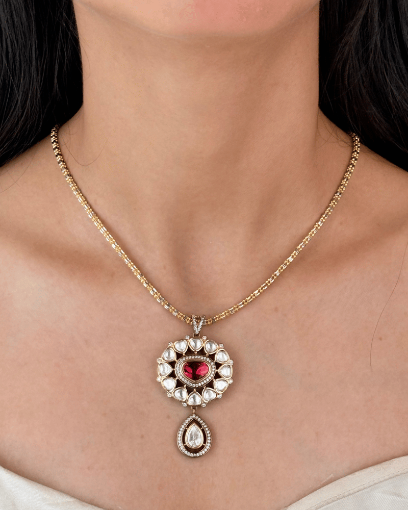 Roseva Ruby Victorian Polki Pendant Set