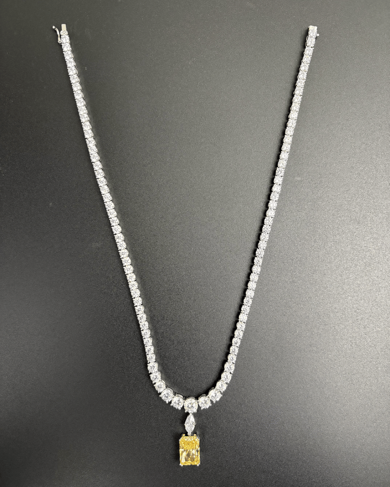 Single Line Solitaire Necklace In Citrine Drop | Rhodium Plating