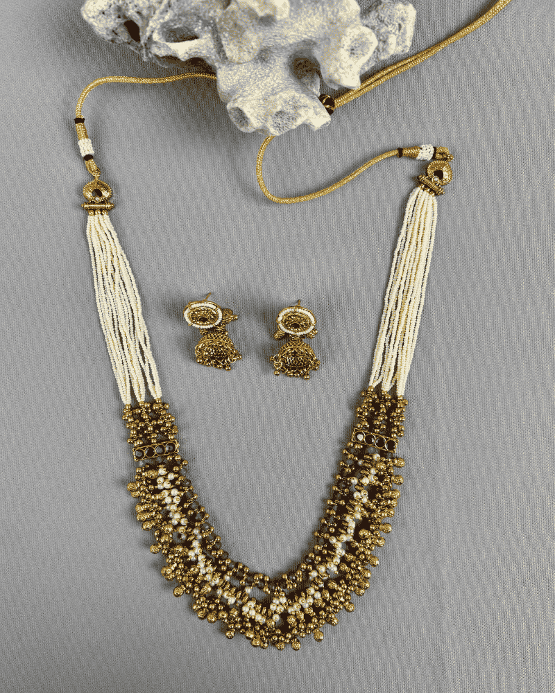 Rajwada Style 3 Layer Mala with Emerald Moti & Golden Beads