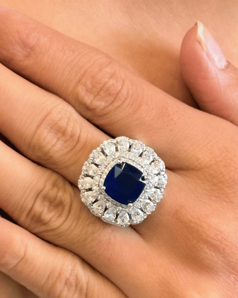 Nivara Sapphire Diamond Ring | Rhodium Plating