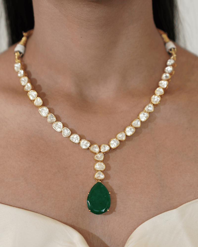 Single Line Moissanite Necklace With Emerald Drop | Screw Back | 18K Gold Plating
