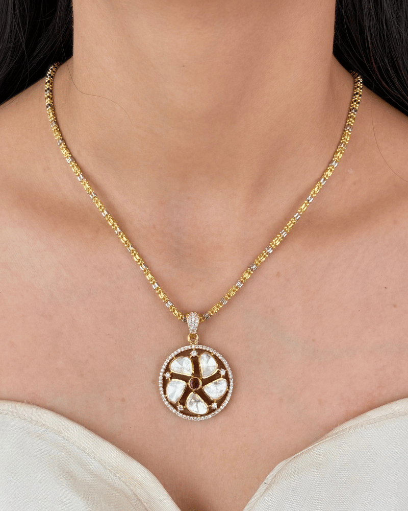 Ruby Lotus Moissanite Pendant Set | Without Chain | Screw Back | 18K Gold Plating