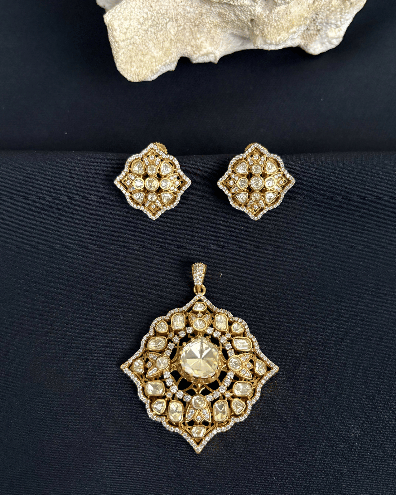 Regal Mandala Moissanite Pendant Set | Screw Back | 18K Gold Plating