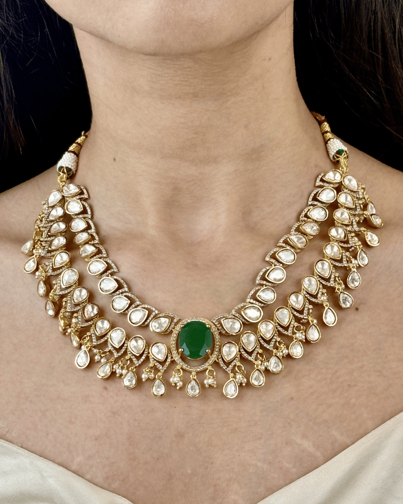 Rajpanna Three Layer Emerald Moissanite Necklace | Screw Back | 18K Gold Plating
