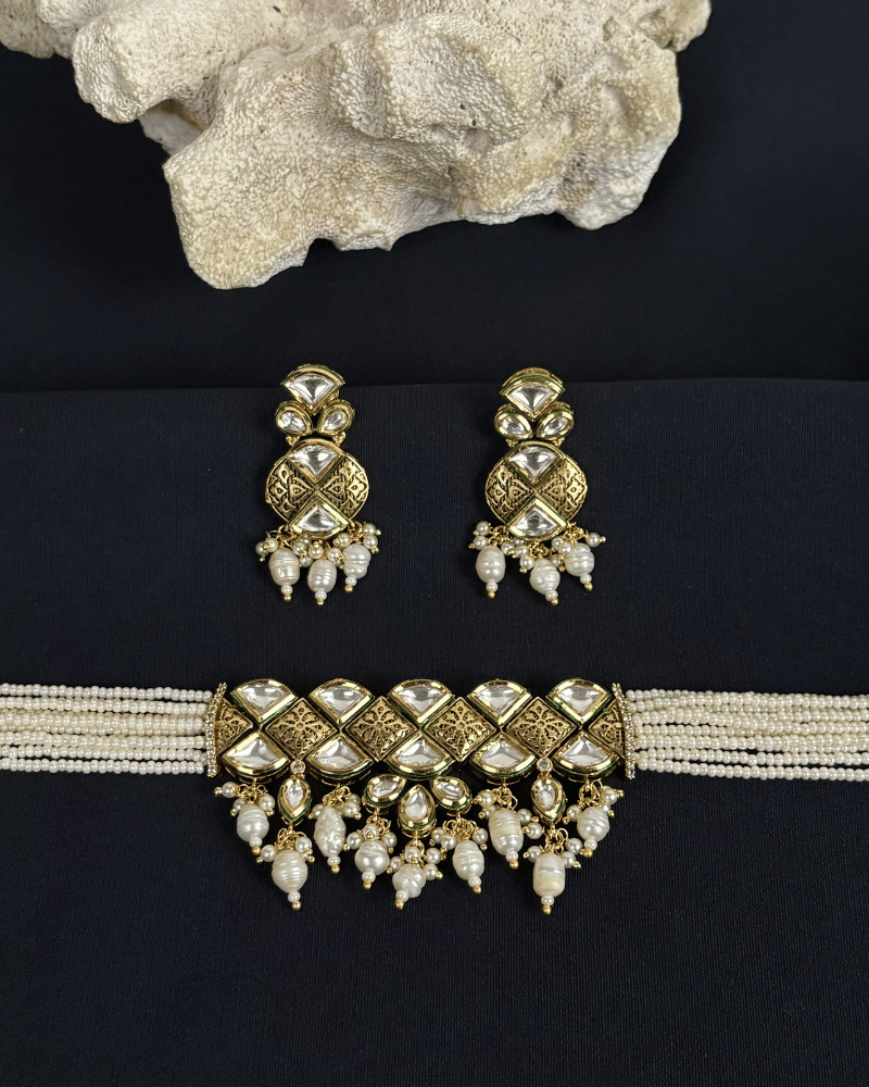 Amana Kundan Choker | Mint Work | White Moti Strings