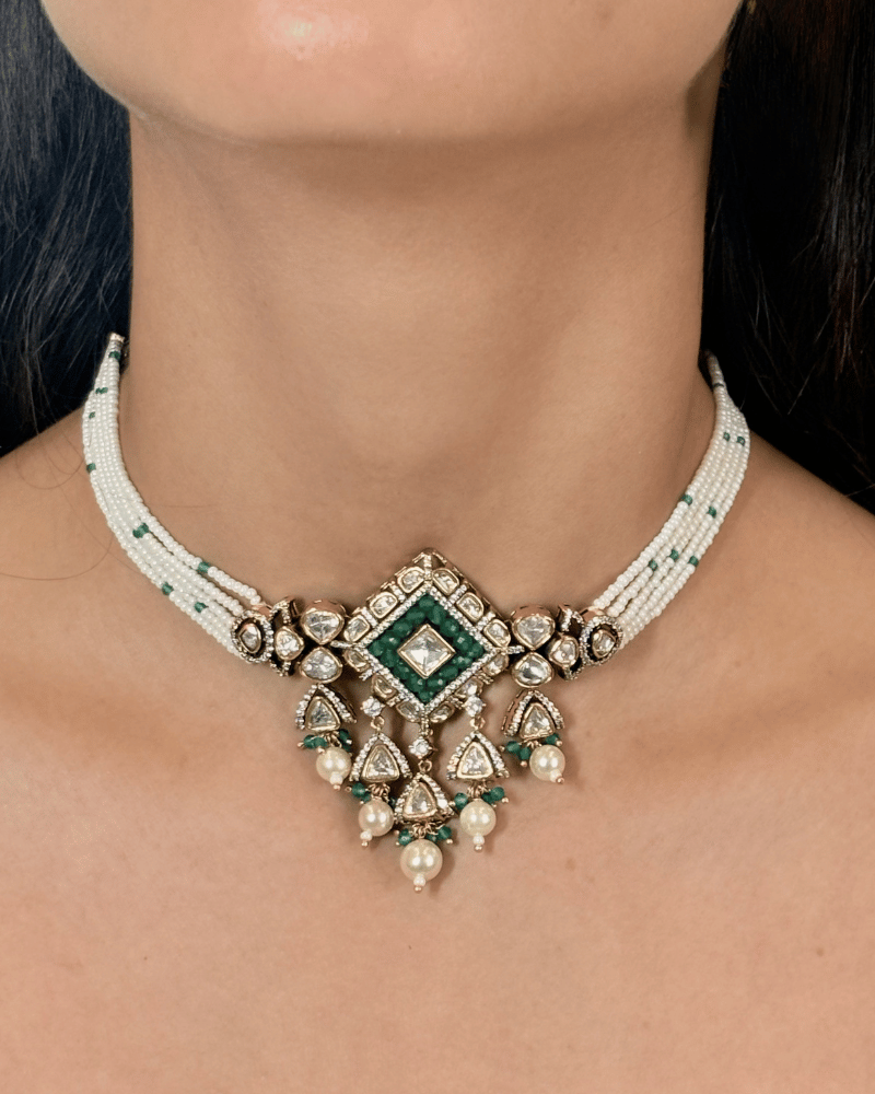 Victorian Polki Choker With Green Hydro Beads