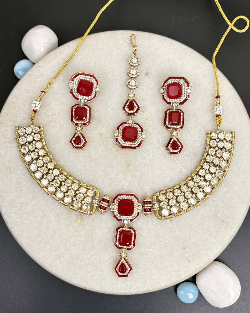 Ruby Regal Moissanite Necklace | Maang Tikka Set | Screw Back | 18K Gold Plating