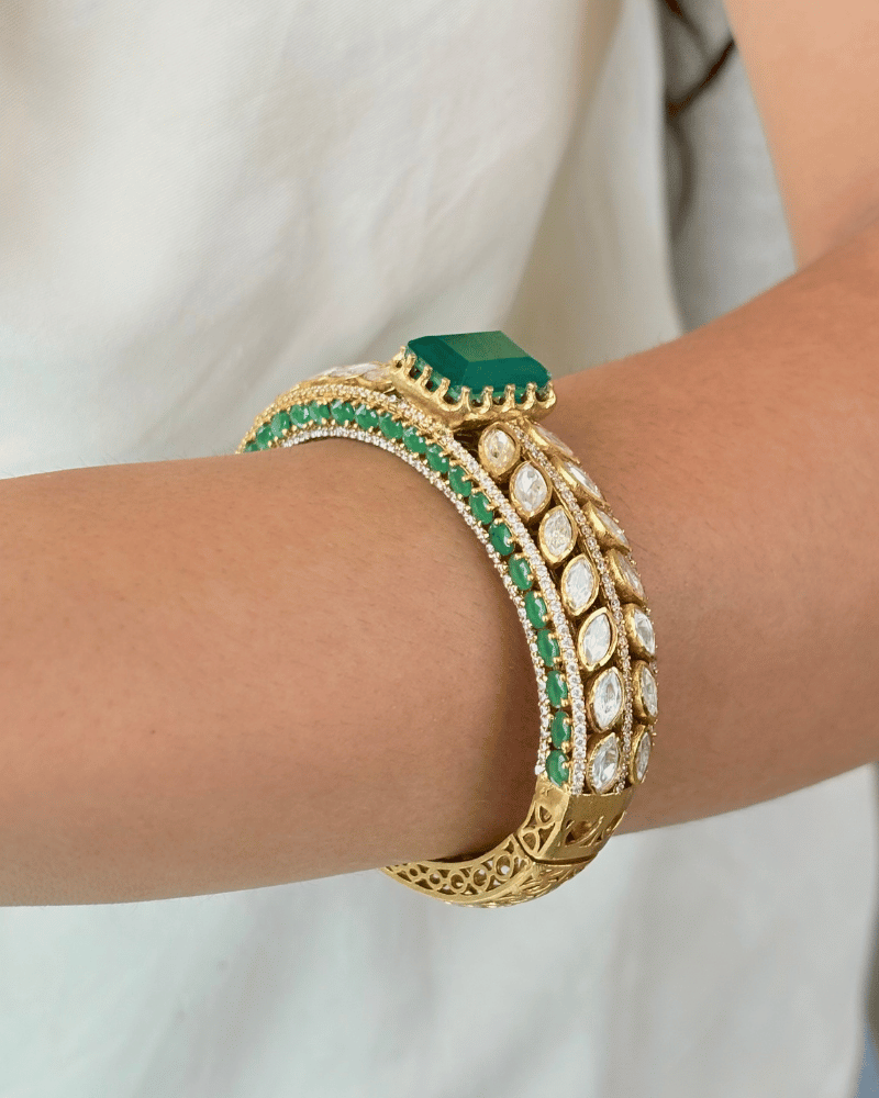 Maharani Emerald Moissanite Kangan | Openable | 18K Gold Plating
