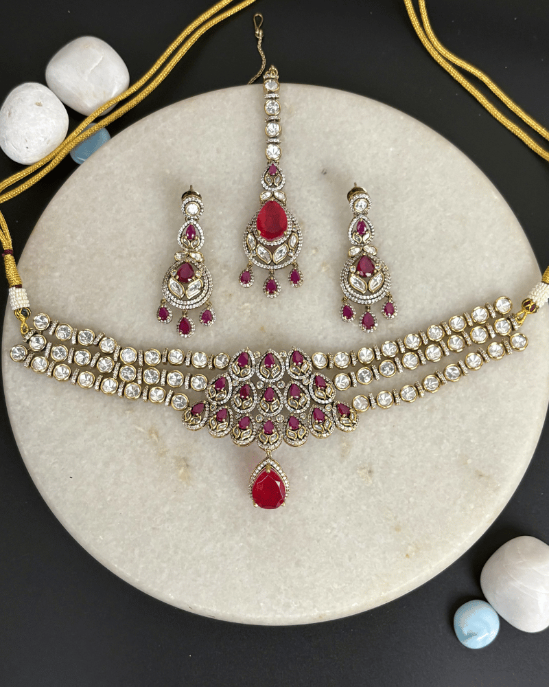 Sulekha Victorian Polki Three Layer Necklace | With Maang Tikka