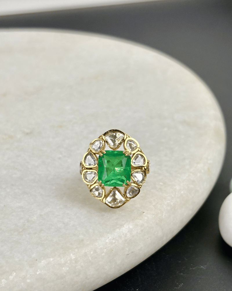 Surkh Emerald Moissanite Ring | Adjustable Size | 18K Gold Plating