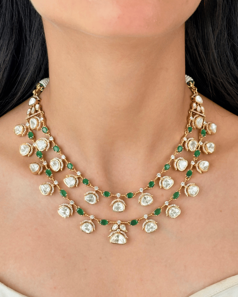 Rajsi Noor Double Layer Emerald Moissanite Haar | Screw Back | 18K Gold Plating