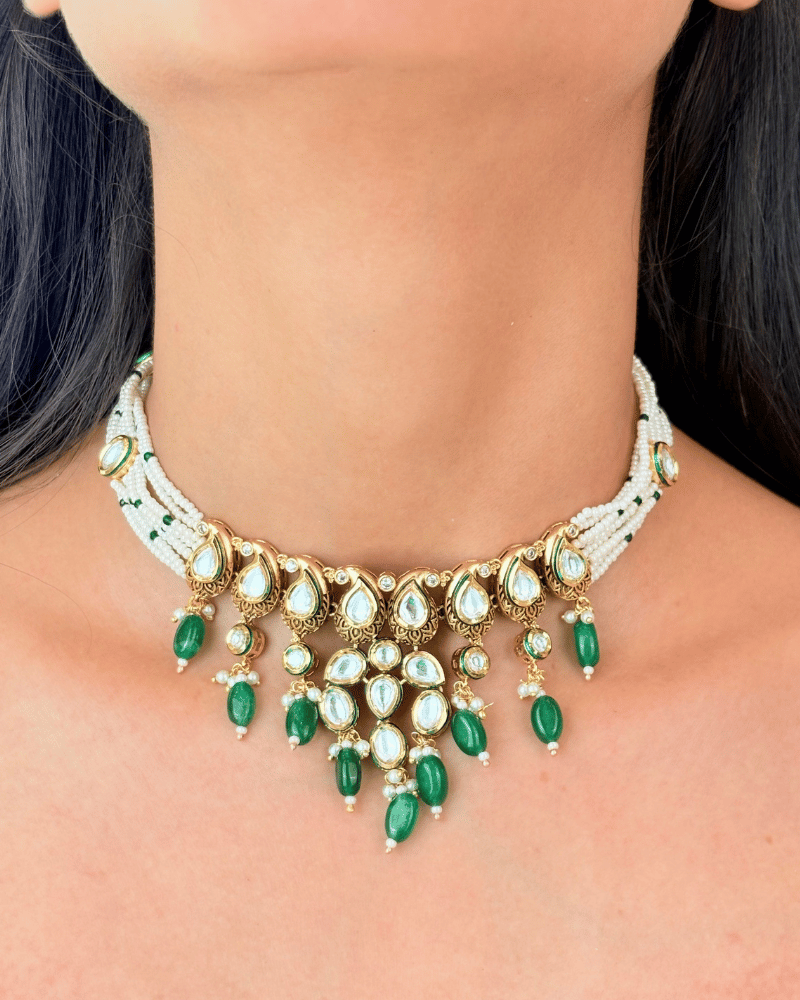 Rajvanshi Emerald Drop Kundan Choker | Mint Work | White Moti Strings