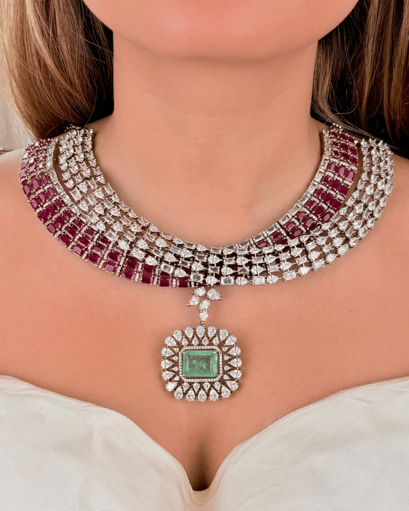 Raj Prerna Ruby Diamond Haar With Mint Stone