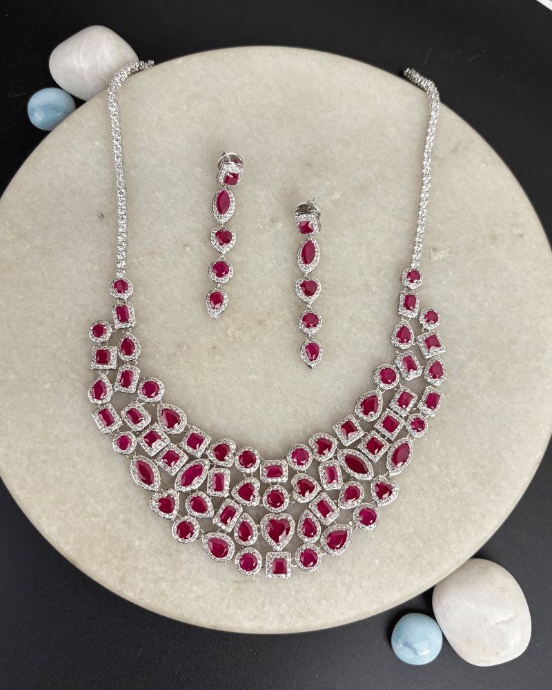 Ruby Crystal Garland Necklace | Rhodium Plating