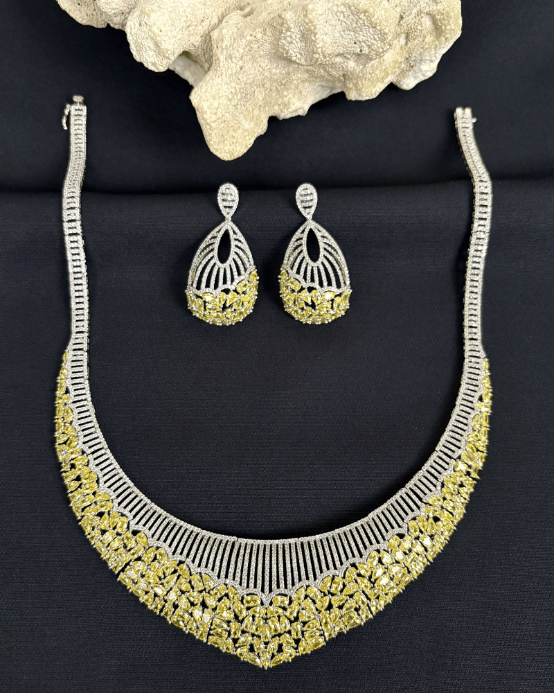 Rani Sa Citrine Diamond Necklace | Rhodium Plating