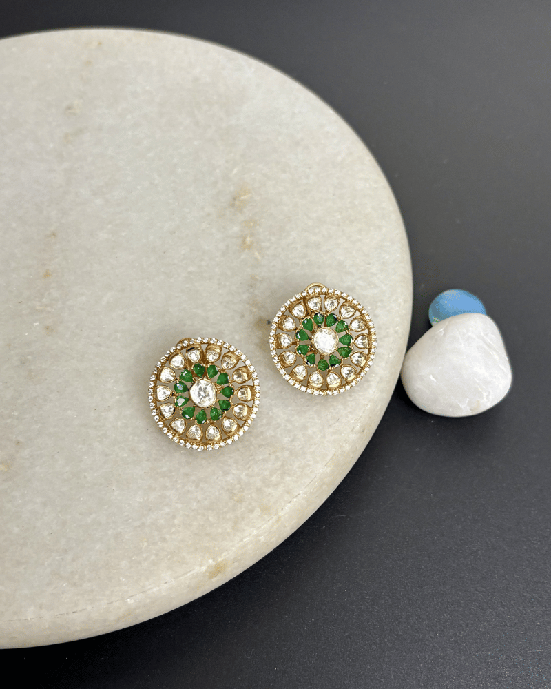 Emerald Charkha Moissanite Studs | Screw Back | 18K Gold Plating