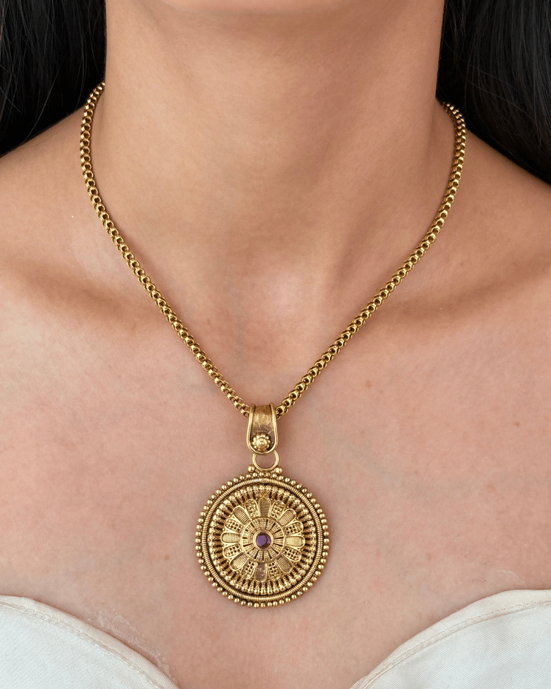 Golden Mandala Pendant Set With Chain | 18K Gold Plating