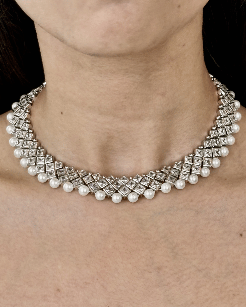 Mystic Diamond Necklace With Pearl Drops | Rhodium Plating