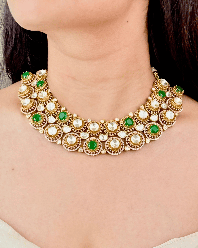 Shyamali Emerald Moissanite Necklace | Screw Back | 18K Gold Plating