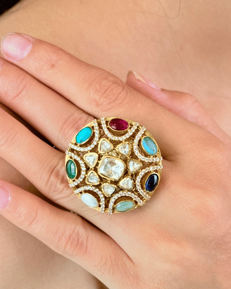 Multi Color Moissanite Cocktail Ring | Adjustable | 18K Gold Plating