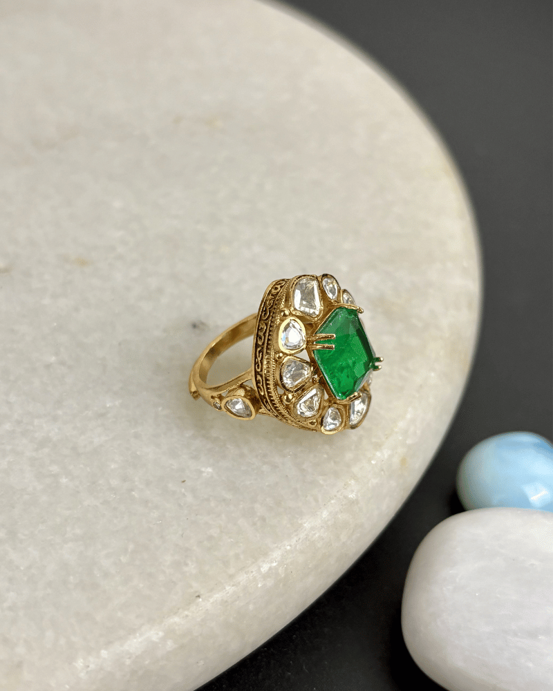 Surkh Emerald Moissanite Ring | Adjustable Size | 18K Gold Plating