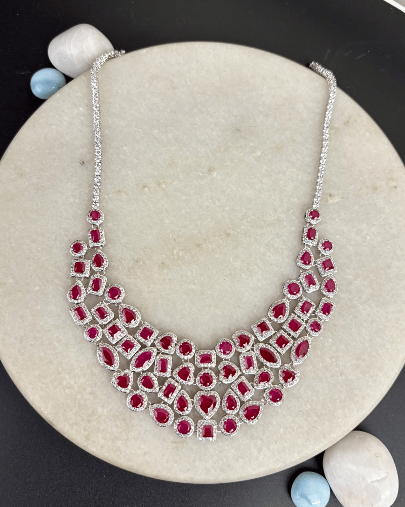 Ruby Crystal Garland Necklace | Rhodium Plating