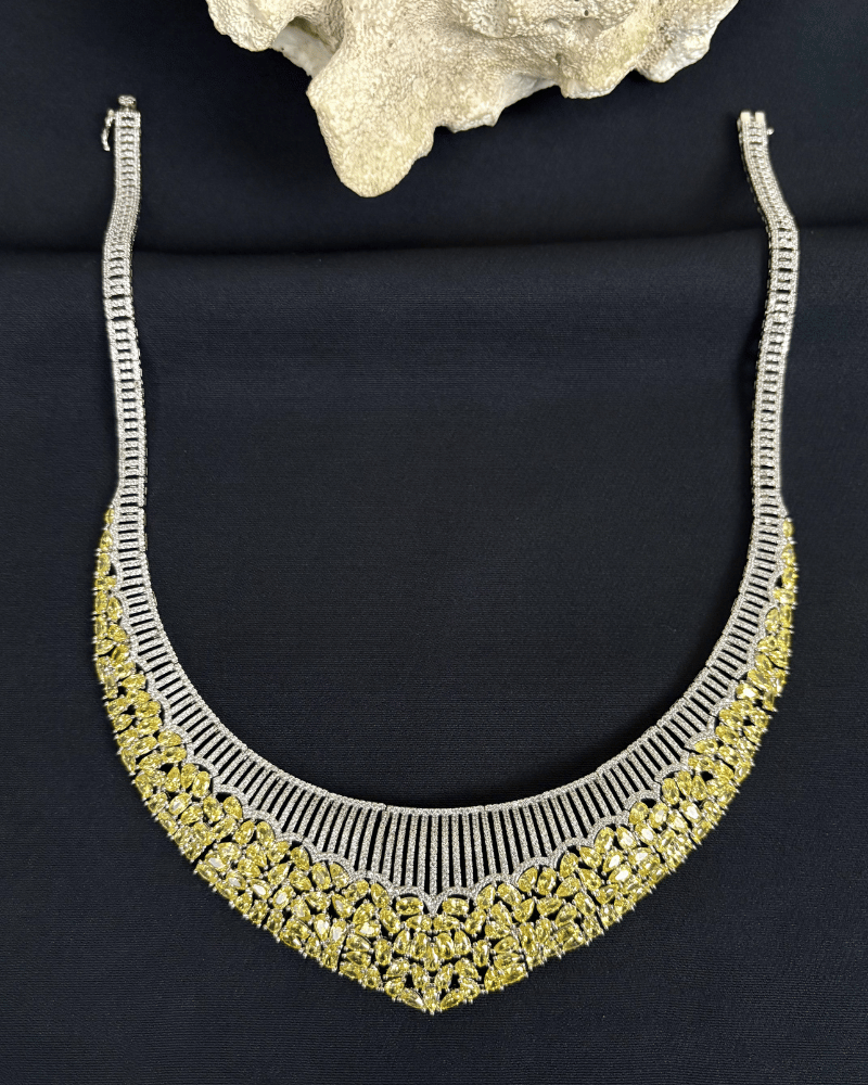 Rani Sa Citrine Diamond Necklace | Rhodium Plating