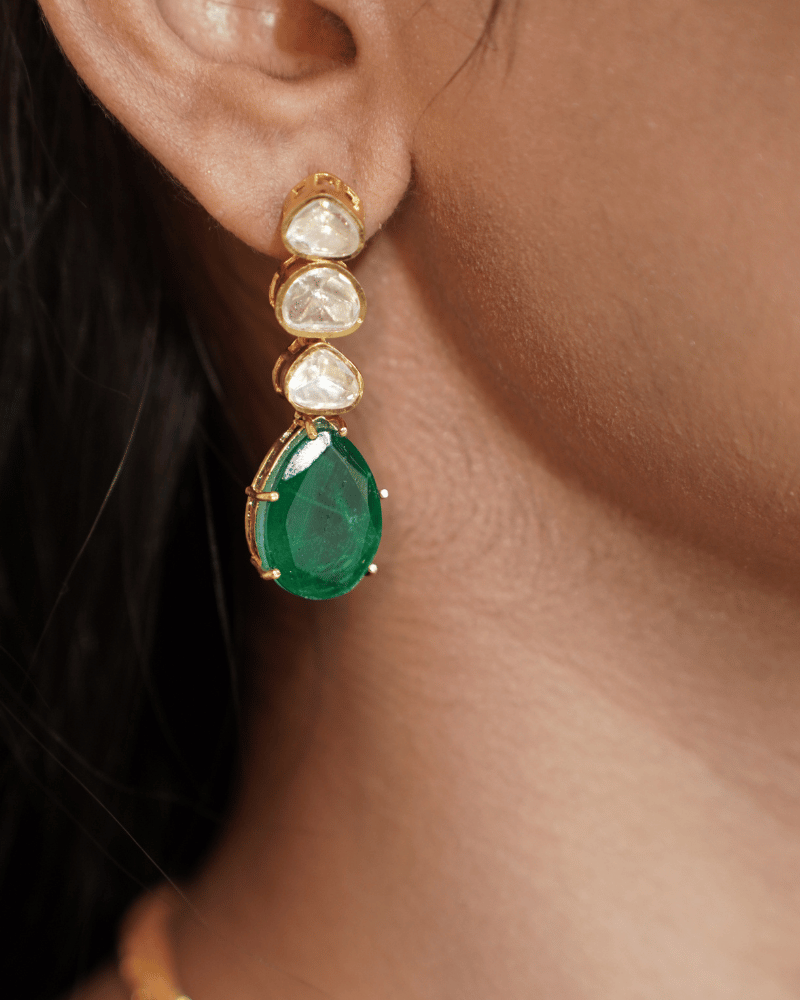 Single Line Moissanite Necklace With Emerald Drop | Screw Back | 18K Gold Plating