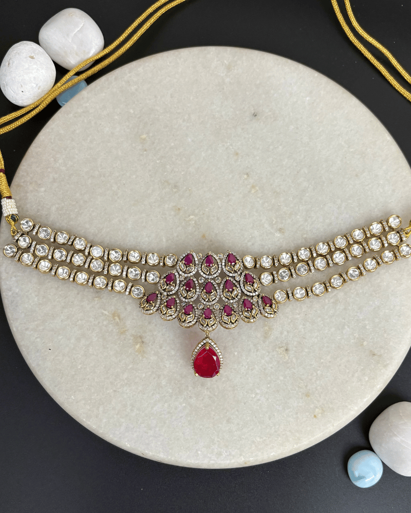 Sulekha Victorian Polki Three Layer Necklace | With Maang Tikka