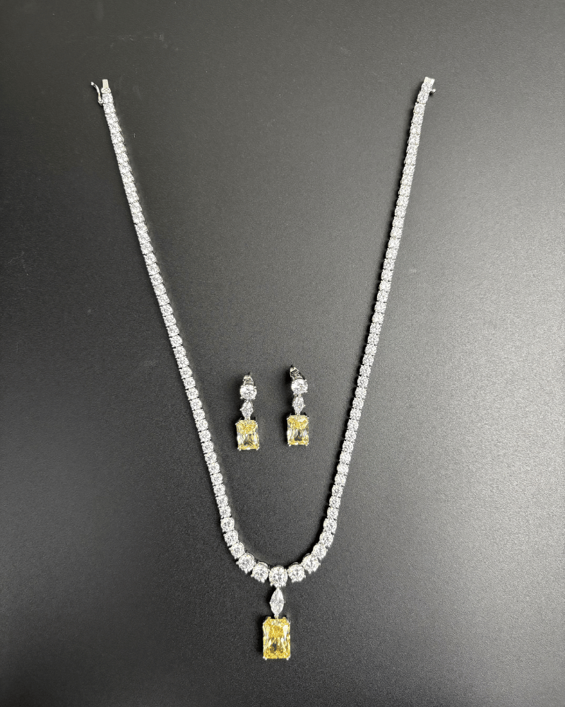 Single Line Solitaire Necklace In Citrine Drop | Rhodium Plating