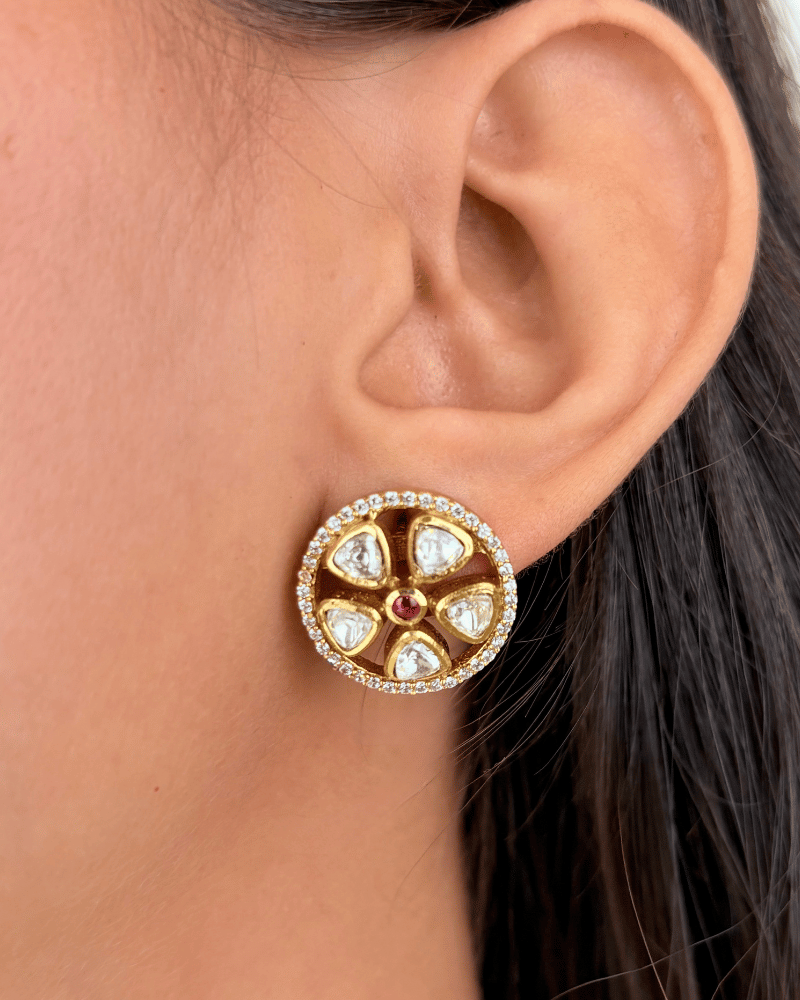 Ruby Lotus Moissanite Pendant Set | Without Chain | Screw Back | 18K Gold Plating