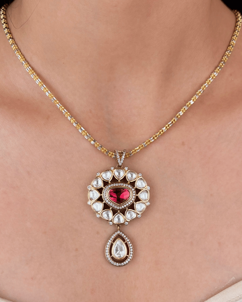 Roseva Ruby Victorian Polki Pendant Set