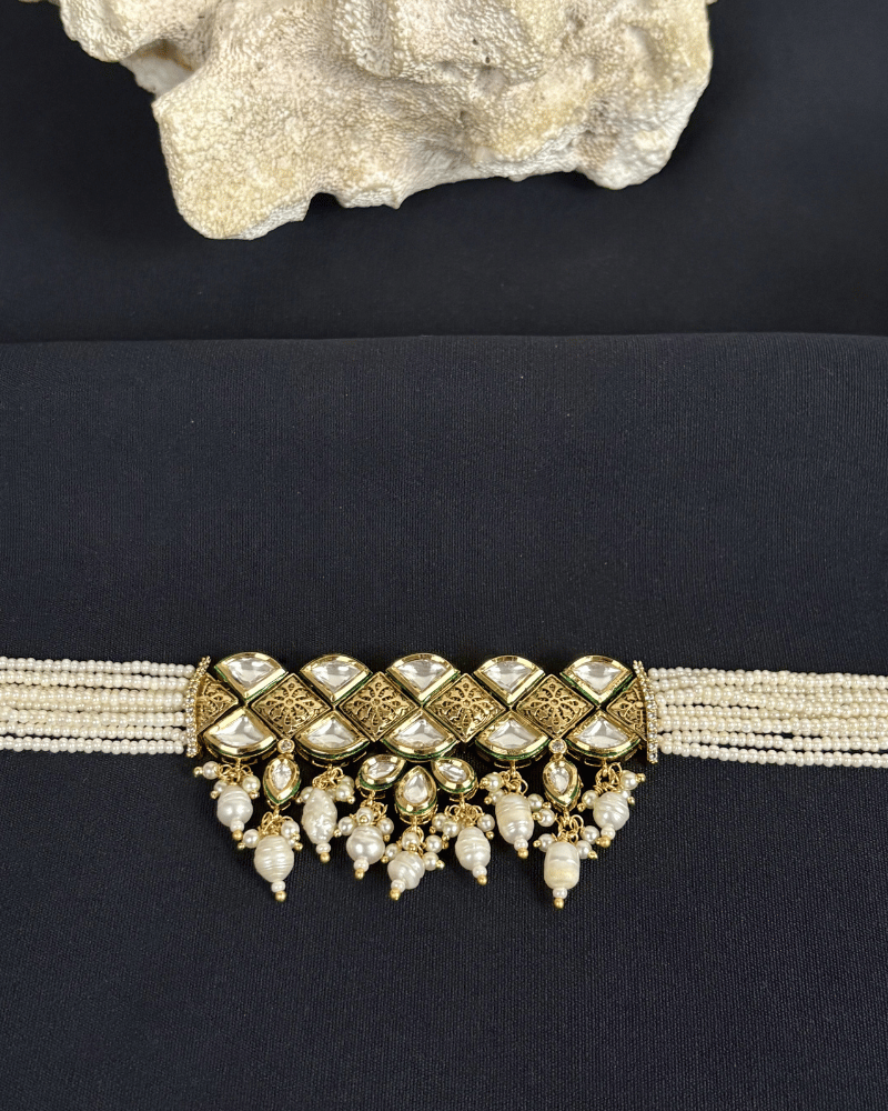Amana Kundan Choker | Mint Work | White Moti Strings