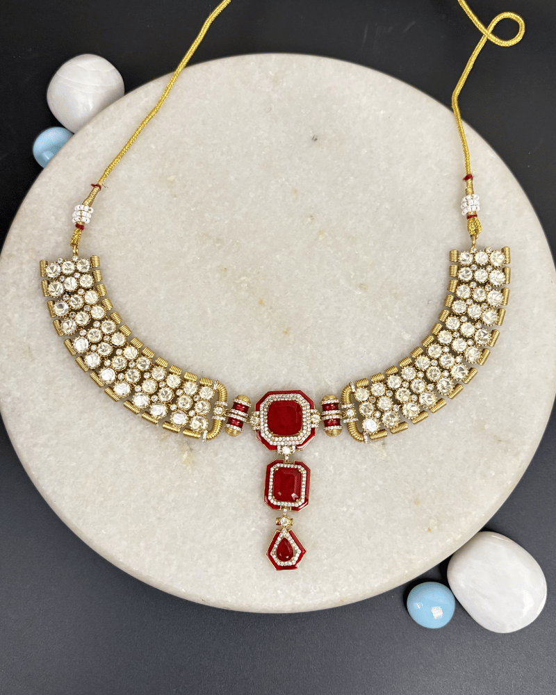 Ruby Regal Moissanite Necklace | Maang Tikka Set | Screw Back | 18K Gold Plating