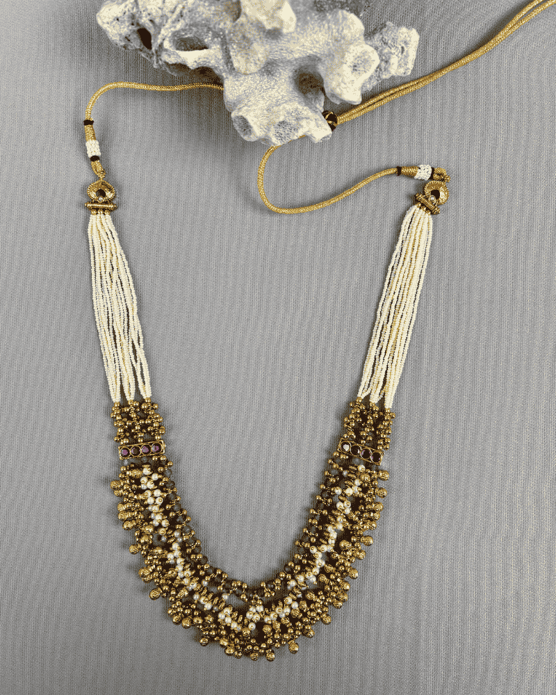 Rajwada Style 3 Layer Mala with Emerald Moti & Golden Beads