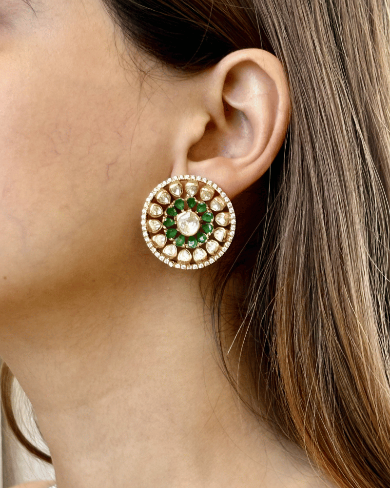Emerald Charkha Moissanite Studs | Screw Back | 18K Gold Plating