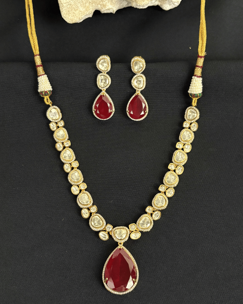 Single Line Moissanite Necklace With Ruby Drop | Screw Back | 18K Gold Plating