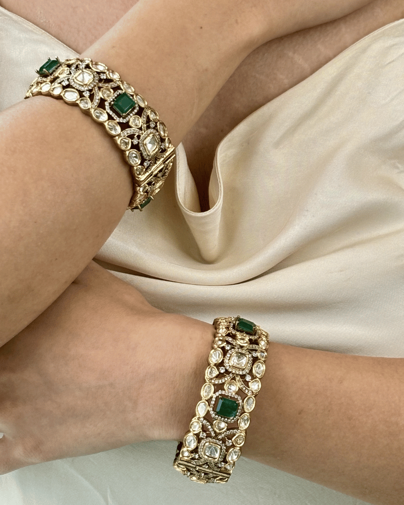Dharya Victorian Polki Emerald Bangles | Single Piece | Openable