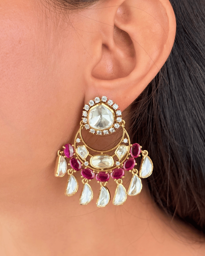 Gulmohar Ruby Moissanite Chandbalis | Screw Back | 18K Gold Plating