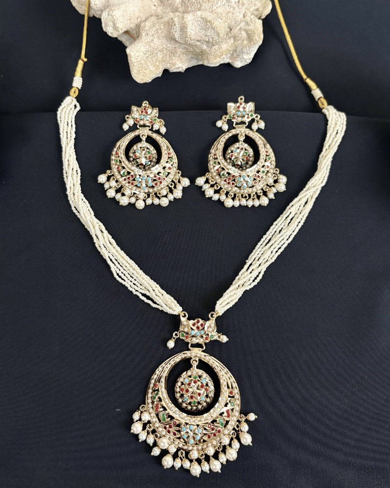 Rang Mahal Jadaau Necklace | White Moti Strings