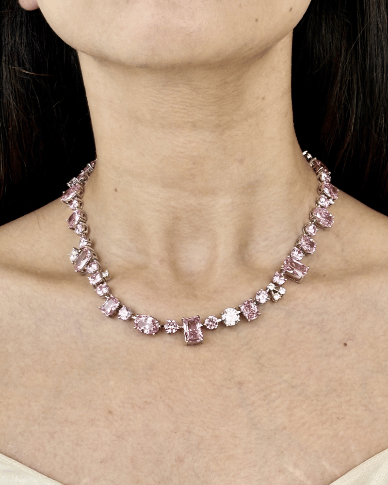 Royale Baby Pink Crystal Necklace | Rhodium Plating