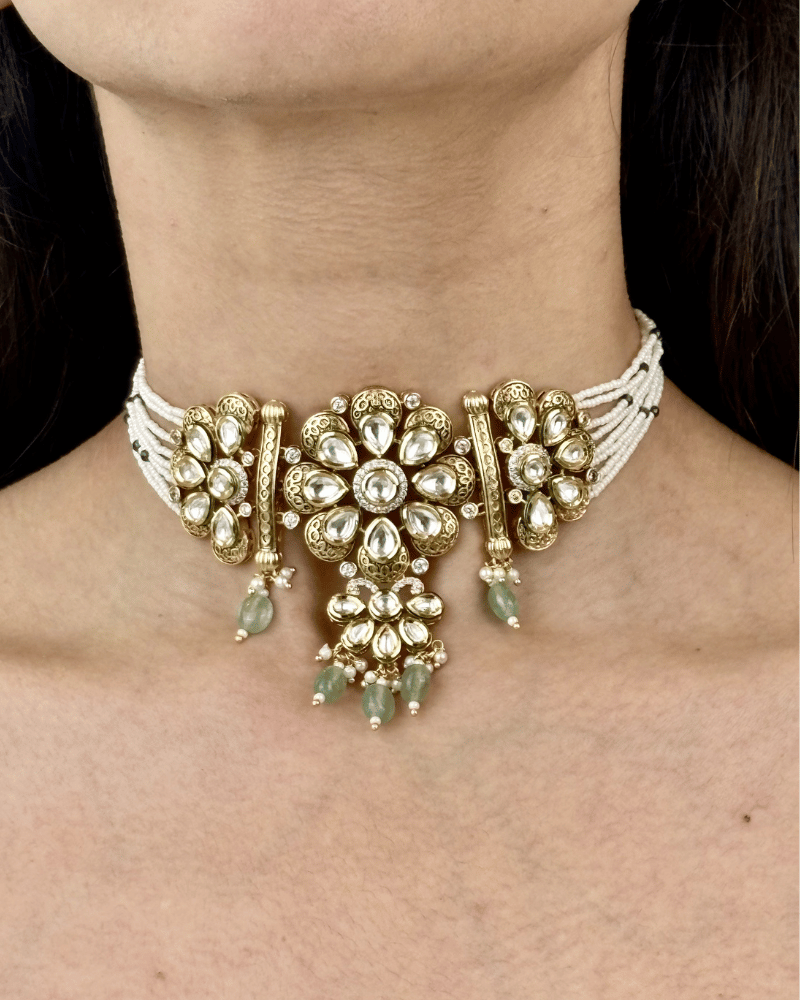 Rukhsar Kundan Choker With Mint Drops | Mint Work | 18K Gold Plating